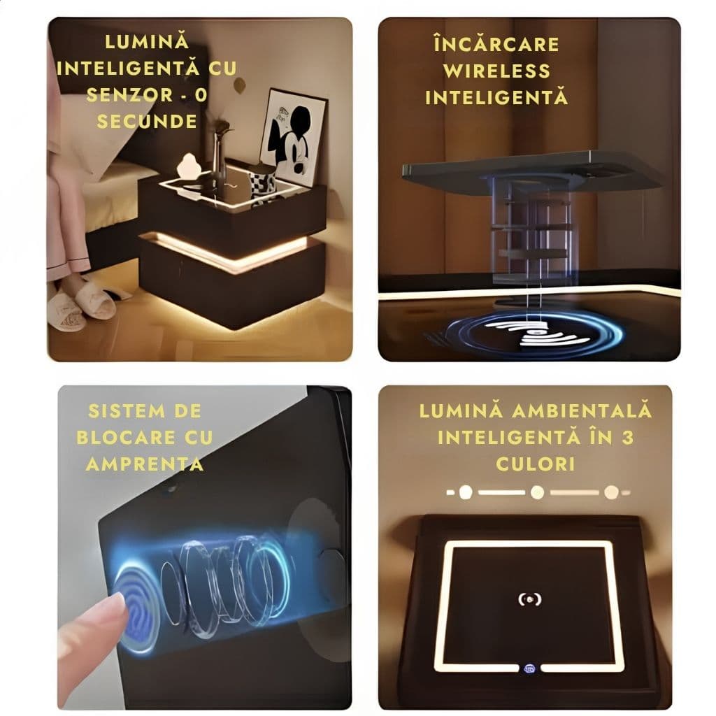 Funcțiile smart ale noptierei — lumină cu senzor, încărcare wireless, blocare cu amprentă și lumină ambientală