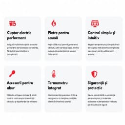 Dotări incluse — cuptor electric, pietre, control, accesorii pentru abur, termometru