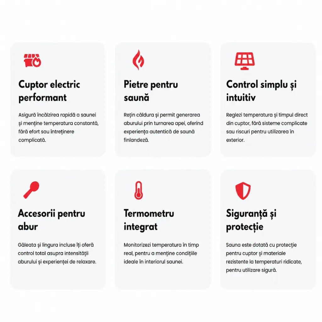 Dotări incluse — cuptor electric, pietre, control, accesorii pentru abur, termometru