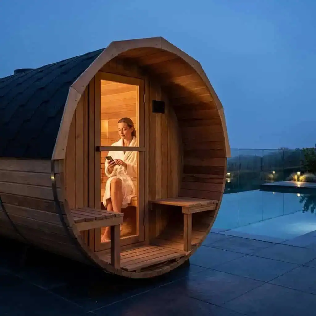 Saună barrel lângă piscină, la asfințit