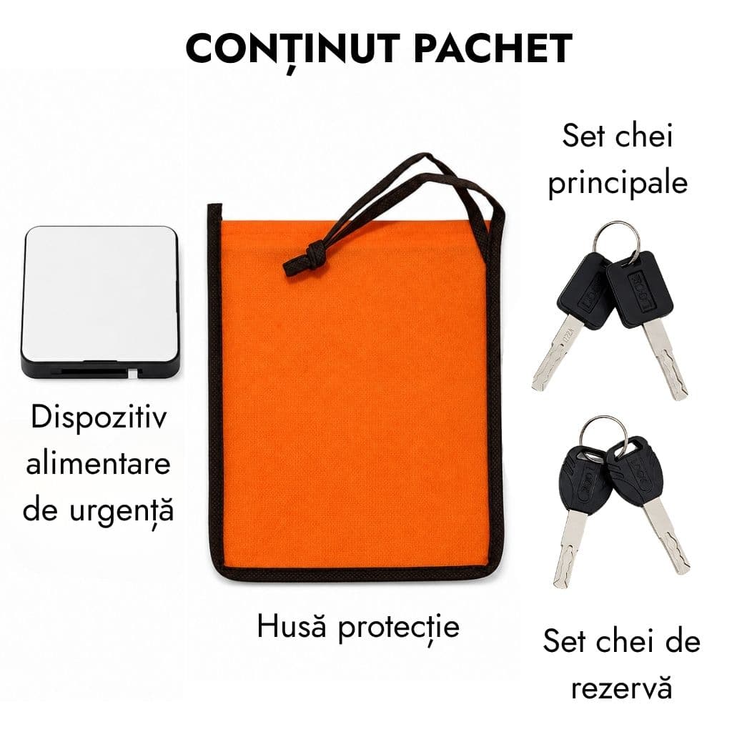 Conținut pachet INEO SF02 — dispozitiv alimentare de urgență, husă, set chei principale și de rezervă